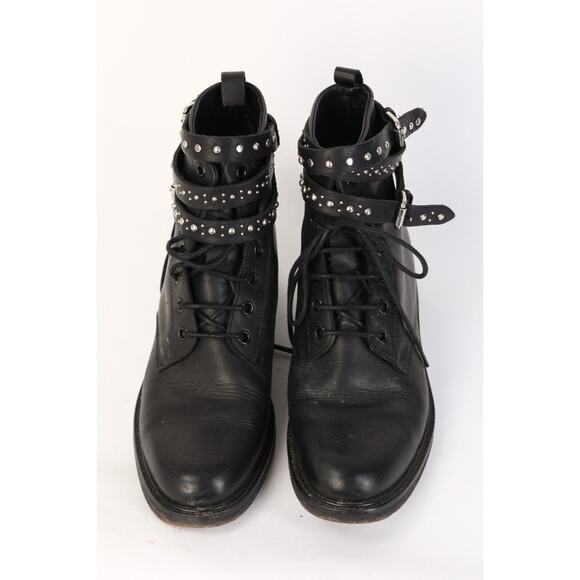MAJE Black Leather Combat Moto Studded Lace Up Boots Booties Size 39 - Picture 12 of 13